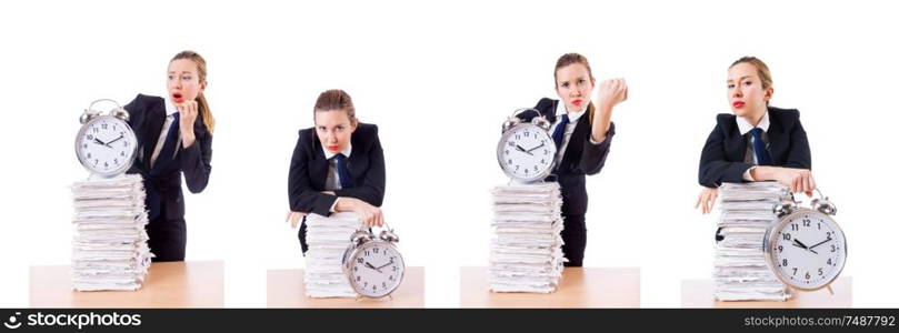 The woman businesswoman with clock and papers. Woman businesswoman with clock and papers