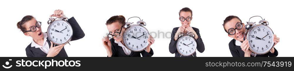 The woman businesswoman with giant alarm clock. Woman businesswoman with giant alarm clock