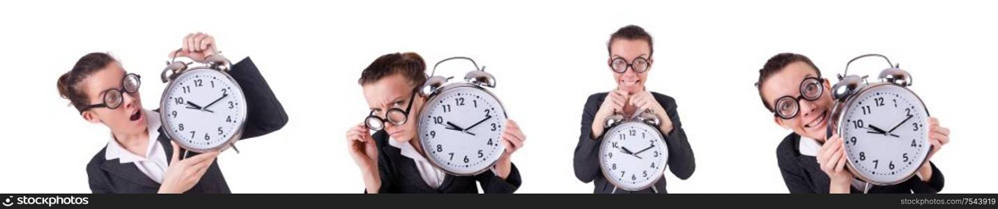 The woman businesswoman with giant alarm clock. Woman businesswoman with giant alarm clock