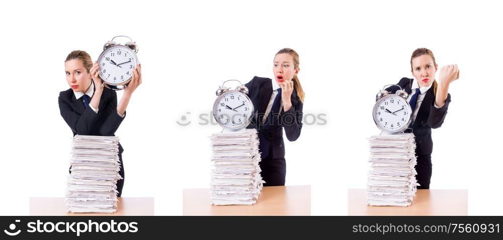 The woman businesswoman with giant alarm clock. Woman businesswoman with giant alarm clock