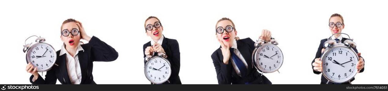 The woman businesswoman with giant clock. Woman businesswoman with giant clock