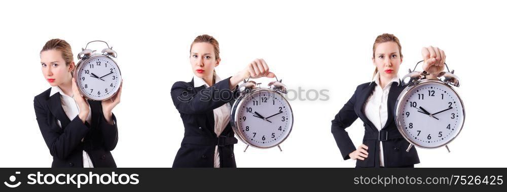 The woman businesswoman with giant clock. Woman businesswoman with giant clock