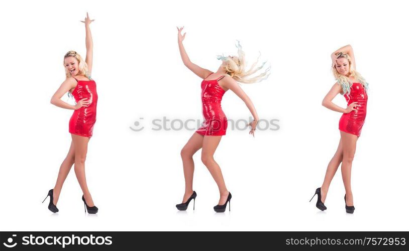 The woman dancing in red dress isolated on white. Woman dancing in red dress isolated on white