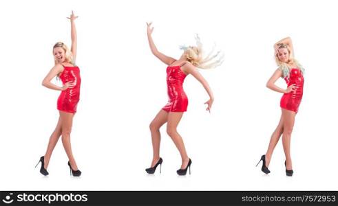 The woman dancing in red dress isolated on white. Woman dancing in red dress isolated on white