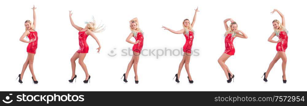 The woman dancing in red dress isolated on white. Woman dancing in red dress isolated on white