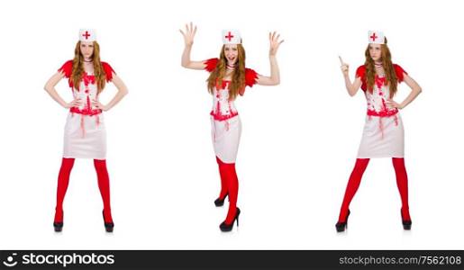 The woman doctor covered in blood in halloween concept. Woman doctor covered in blood in halloween concept