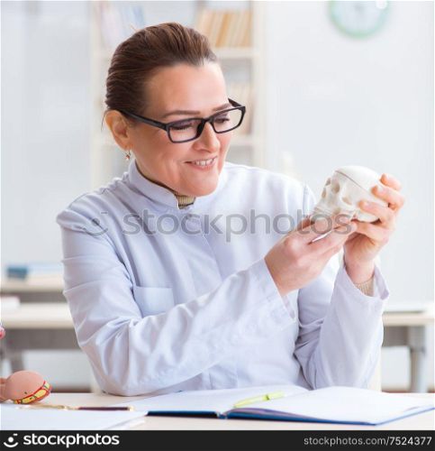 The woman doctor studying human skeleton. Woman doctor studying human skeleton