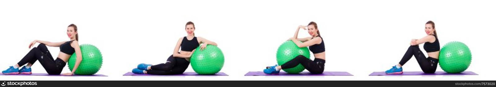 The woman doing exercises with ball on white. Woman doing exercises with ball on white
