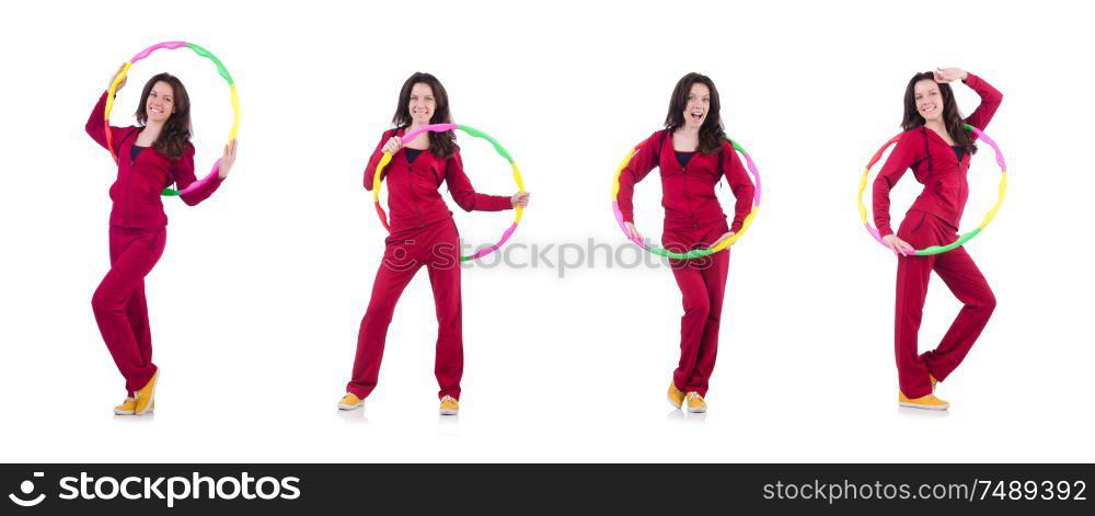 The woman doing exercises with hula hoop. Woman doing exercises with hula hoop