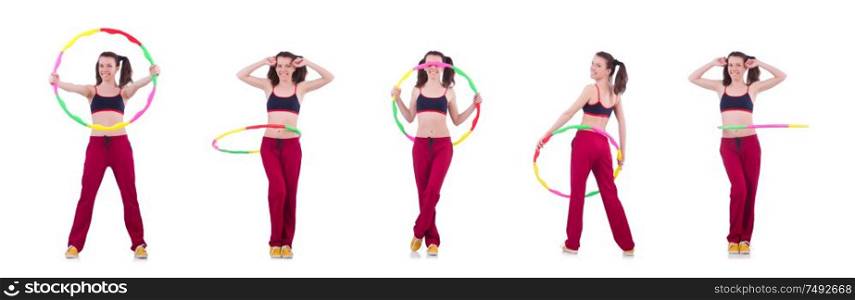 The woman doing exercises with hula hoop. Woman doing exercises with hula hoop