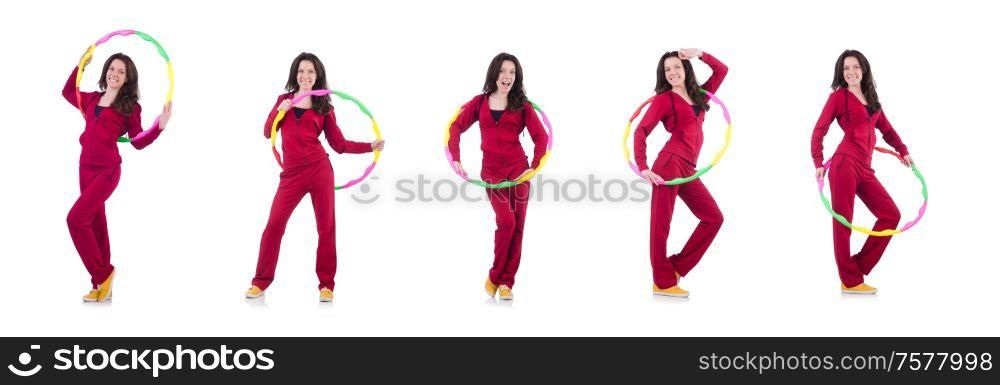 The woman doing exercises with hula hoop. Woman doing exercises with hula hoop