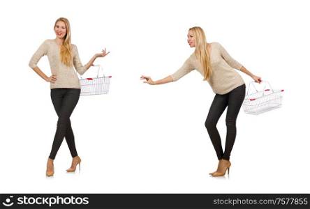 The woman doing shopping in supermarket isolated on white. Woman doing shopping in supermarket isolated on white
