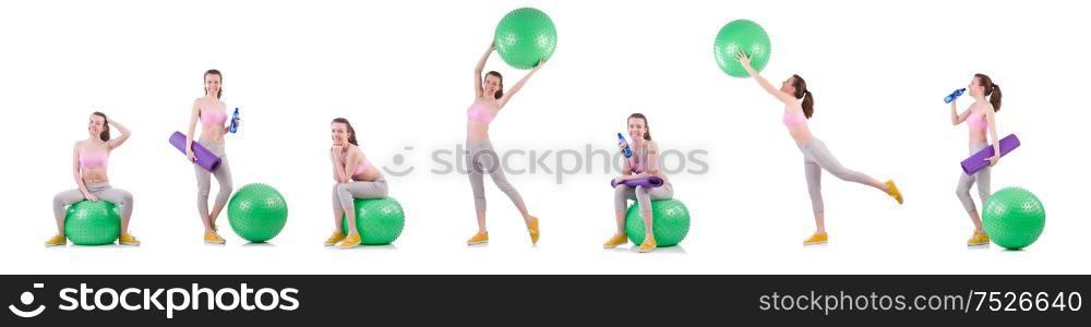 The woman exercising with swiss ball on white. Woman exercising with swiss ball on white
