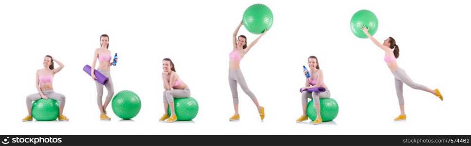 The woman exercising with swiss ball on white. Woman exercising with swiss ball on white