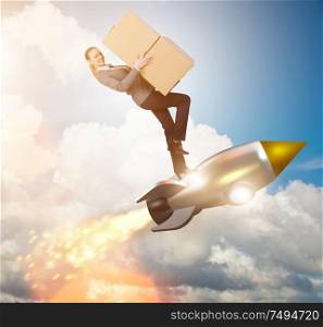 The woman flying rocket and delivering boxes. Woman flying rocket and delivering boxes