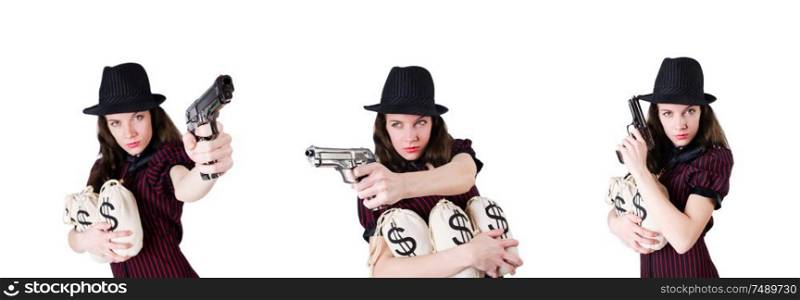 The woman gangster with handgun on white. Woman gangster with handgun on white