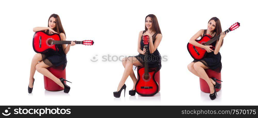 The woman guitar player isolated on the white. Woman guitar player isolated on the white