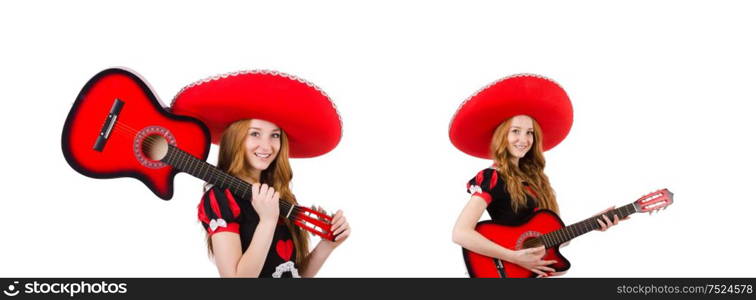 The woman guitar player with sombrero on white. Woman guitar player with sombrero on white