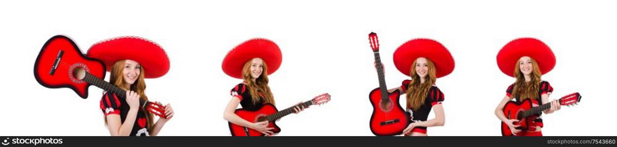 The woman guitar player with sombrero on white. Woman guitar player with sombrero on white