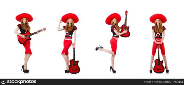 The woman guitar player with sombrero on white. Woman guitar player with sombrero on white