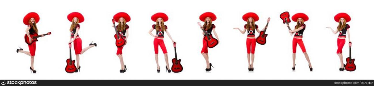 The woman guitar player with sombrero on white. Woman guitar player with sombrero on white