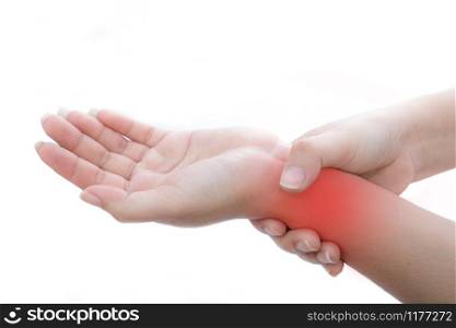 The woman holds on to the sore wrist at white background, Inflamed hand