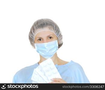 The woman in a medical mask isolated on white background