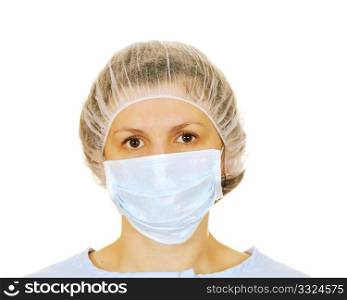The woman in a medical mask isolated on white background