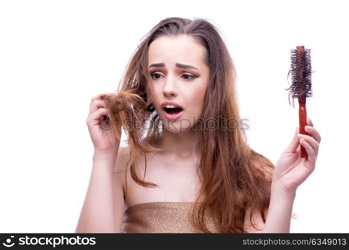 The woman in beauty concept combing hair loosig loss. Woman in beauty concept combing hair loosig loss