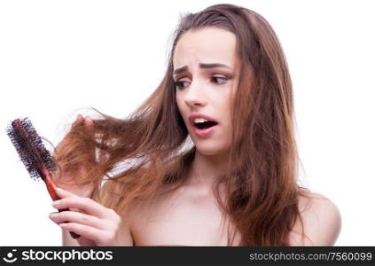 The woman in beauty concept combing hair loosig loss. Woman in beauty concept combing hair loosig loss