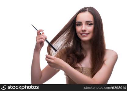 The woman in beauty concept combing hair. Woman in beauty concept combing hair