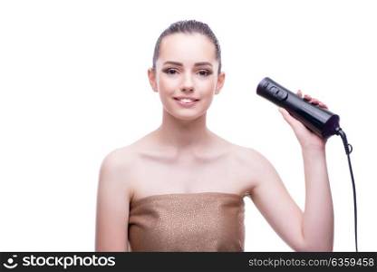The woman in beauty concept with hair dryer blower drying. Woman in beauty concept with hair dryer blower drying