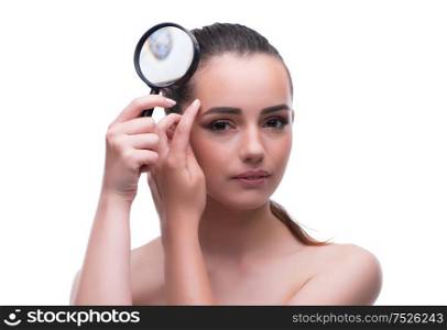 The woman in beauty concept with magnifying glass aging wrinkles. Woman in beauty concept with magnifying glass aging wrinkles