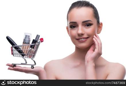 The woman in beauty concept with make up holding shopping cart. Woman in beauty concept with make up holding shopping cart