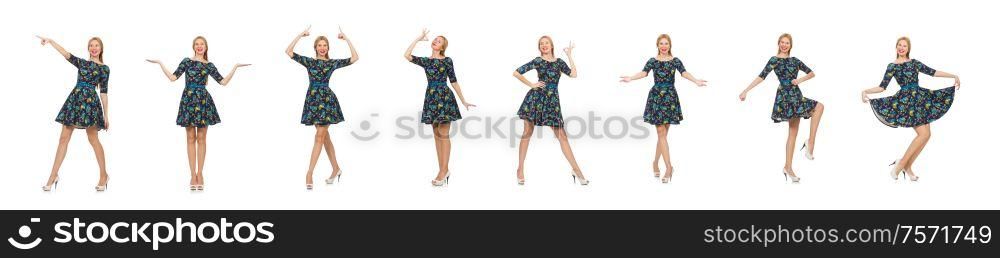 The woman in dark blue floral dress isolated on white. Woman in dark blue floral dress isolated on white