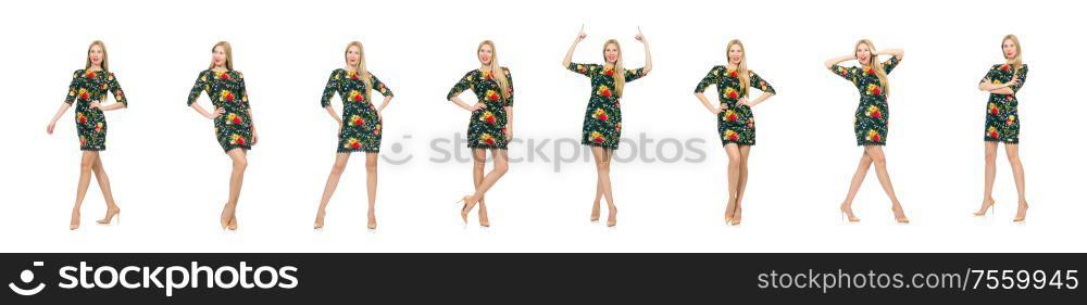 The woman in dark green floral dress isolated on white. Woman in dark green floral dress isolated on white