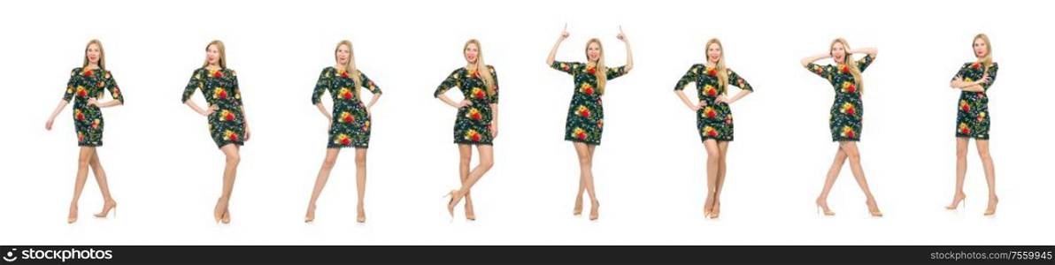 The woman in dark green floral dress isolated on white. Woman in dark green floral dress isolated on white