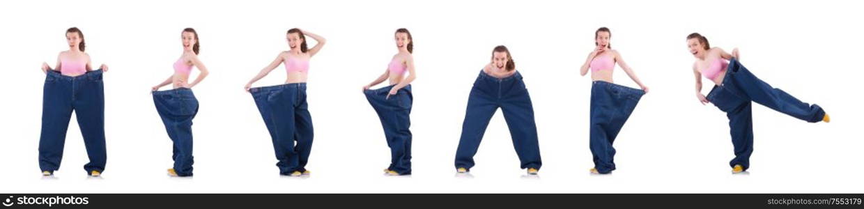 The woman in dieting concept with big jeans. Woman in dieting concept with big jeans