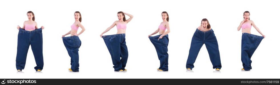 The woman in dieting concept with big jeans. Woman in dieting concept with big jeans