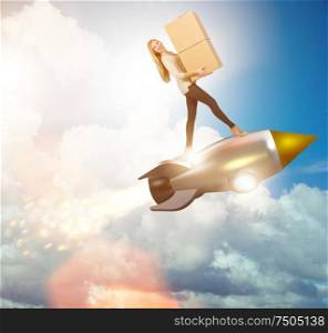 The woman in fast box delivery service on rocket. Woman in fast box delivery service on rocket