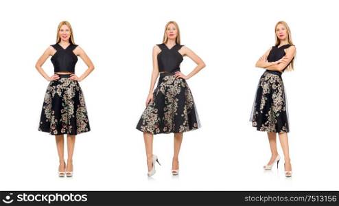 The woman in floral dark skirt isolated on white. Woman in floral dark skirt isolated on white