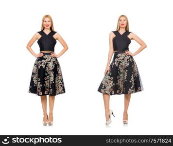 The woman in floral dark skirt isolated on white. Woman in floral dark skirt isolated on white