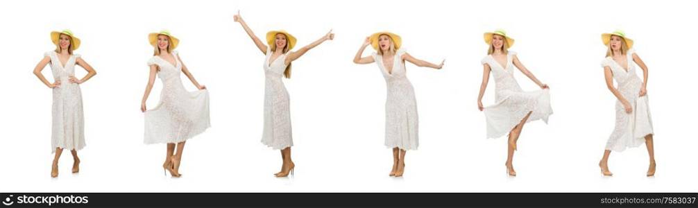 The woman in long summer dress and hat isolated on white. Woman in long summer dress and hat isolated on white