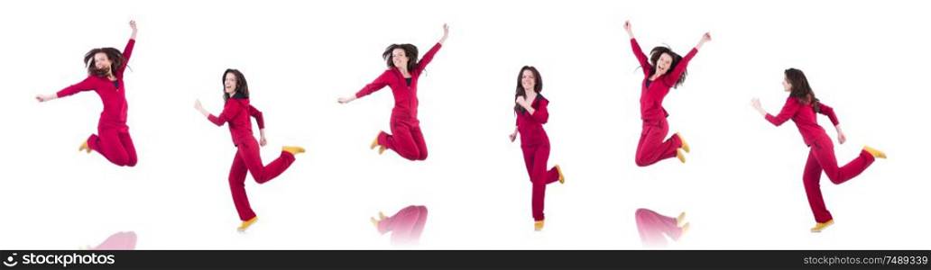 The woman in red costume in sports sporting concept. Woman in red costume in sports sporting concept