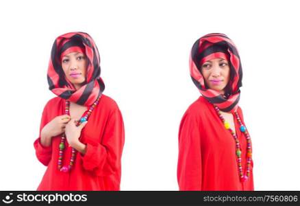 The woman in red scaf on white. Woman in red scaf on white
