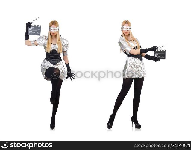 The woman in tech concept isolated on white. Woman in tech concept isolated on white