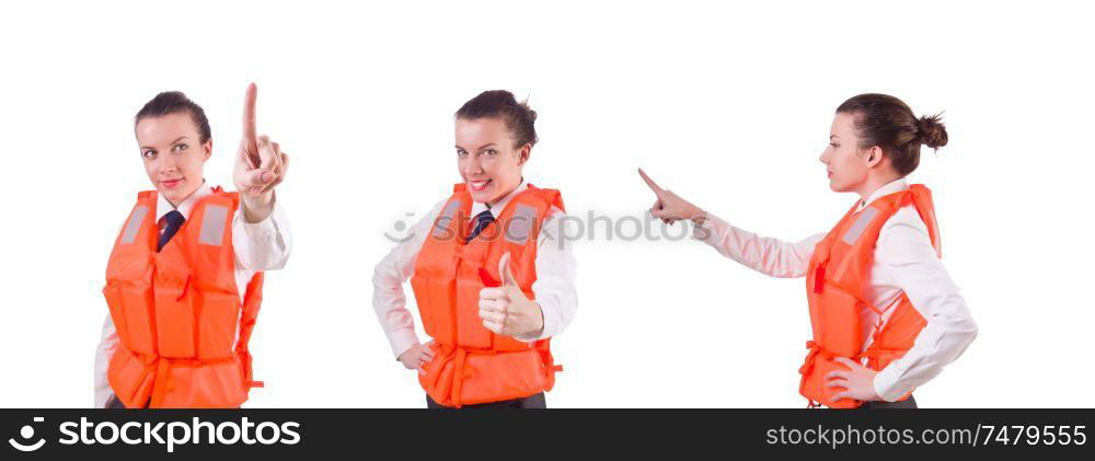 The woman in vest pressing virtual buttons. Woman in vest pressing virtual buttons