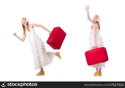 The woman in wedding dress with suitcase. Woman in wedding dress with suitcase