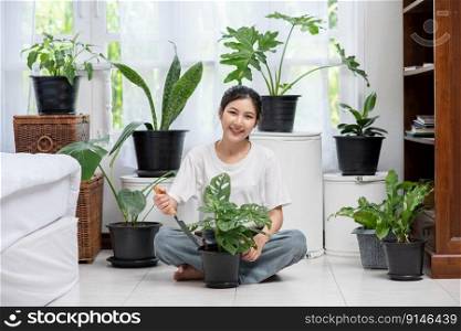 The woman is sitting and planting trees in the house.