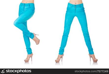 The woman legs in blue trousers. Woman legs in blue trousers